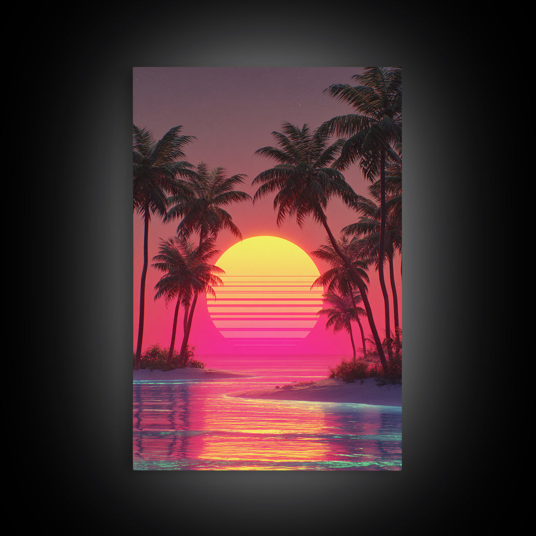 Dreamy Pink Sunset Tropical Island Palm Trees Calm Water Canvas Print Wall Art For Coastal Home Decor