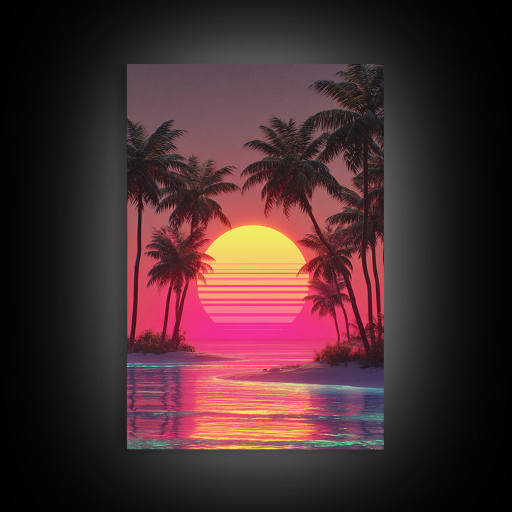 Dreamy Pink Sunset Tropical Island Palm Trees Calm Water Canvas Print Wall Art For Coastal Home Decor