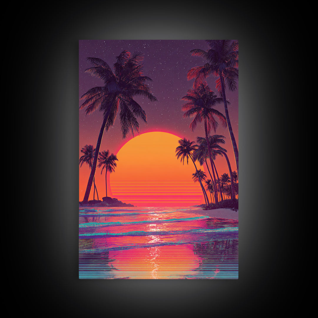 Vibrant Retro Sunset With Palm Trees Beach Scene Wall Art Canvas Print For Modern Home Decor And Coastal Wall Decor