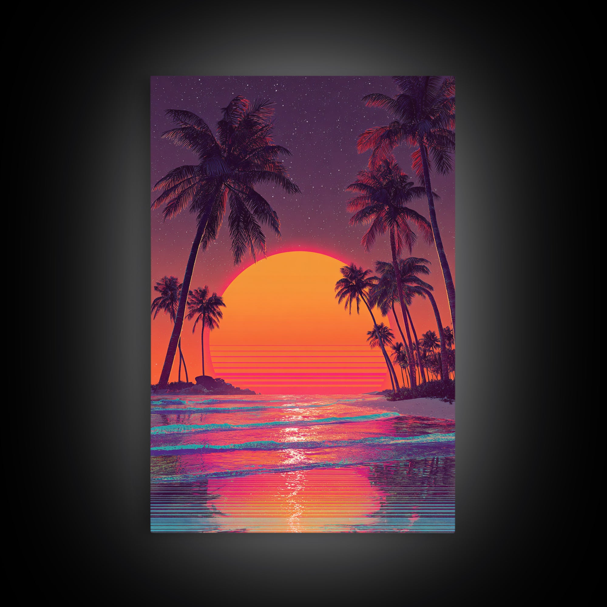 Vibrant Retro Sunset With Palm Trees Beach Scene Wall Art Canvas Print For Modern Home Decor And Coastal Wall Decor