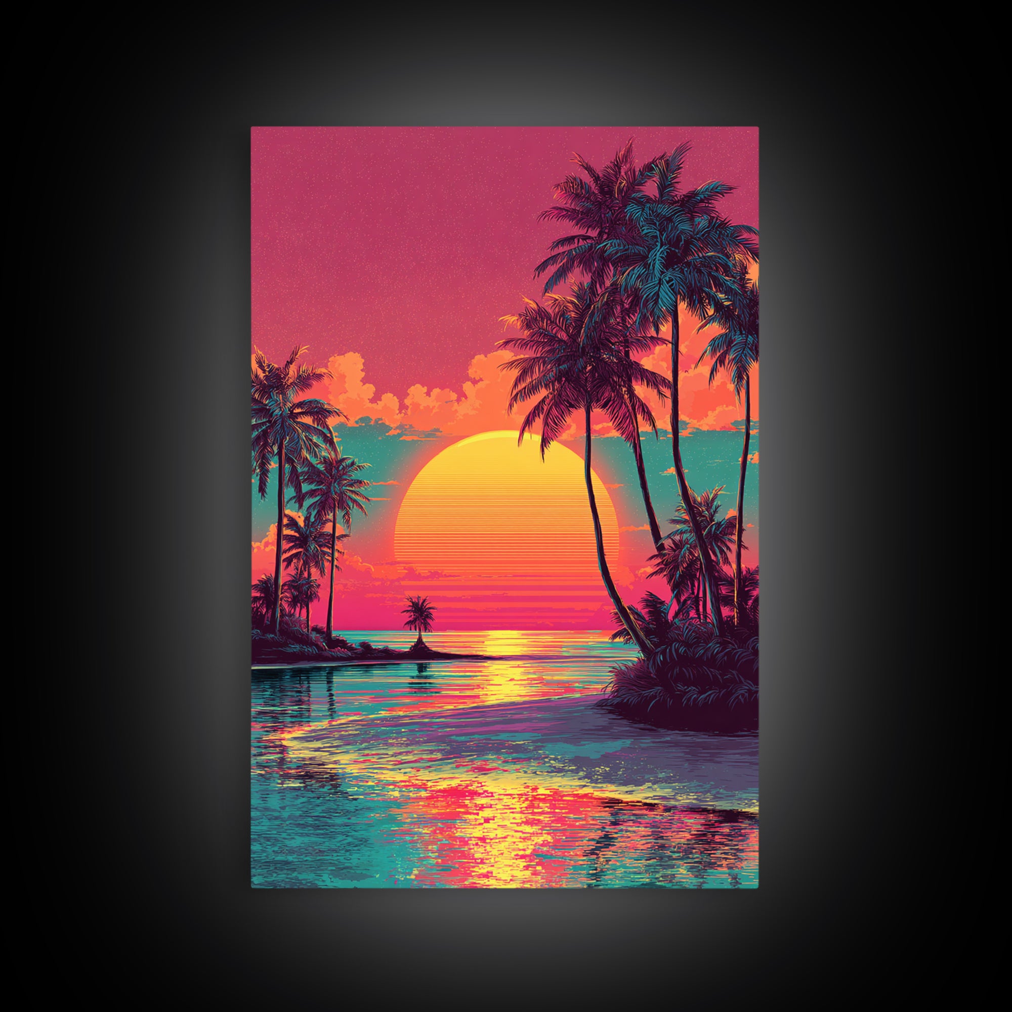 Vibrant Sunset Tropical Landscape With Palm Trees And Ocean View - Framed Canvas Print Coastal Wall Art For Home Decor
