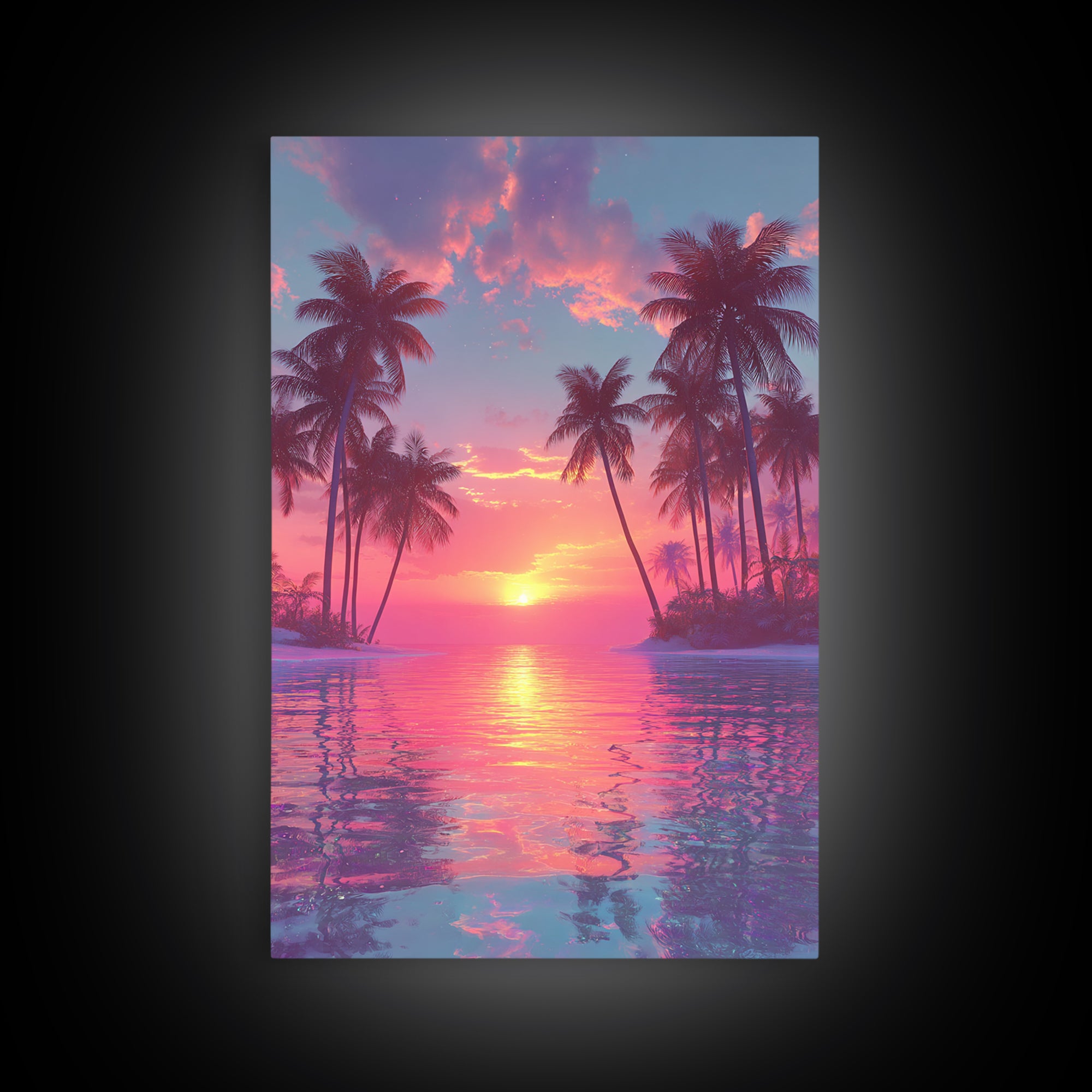 Tropical Sunset Palm Trees Over Water Vibrant Pink And Orange Sky Canvas Print For Modern Wall Art And Home Decor