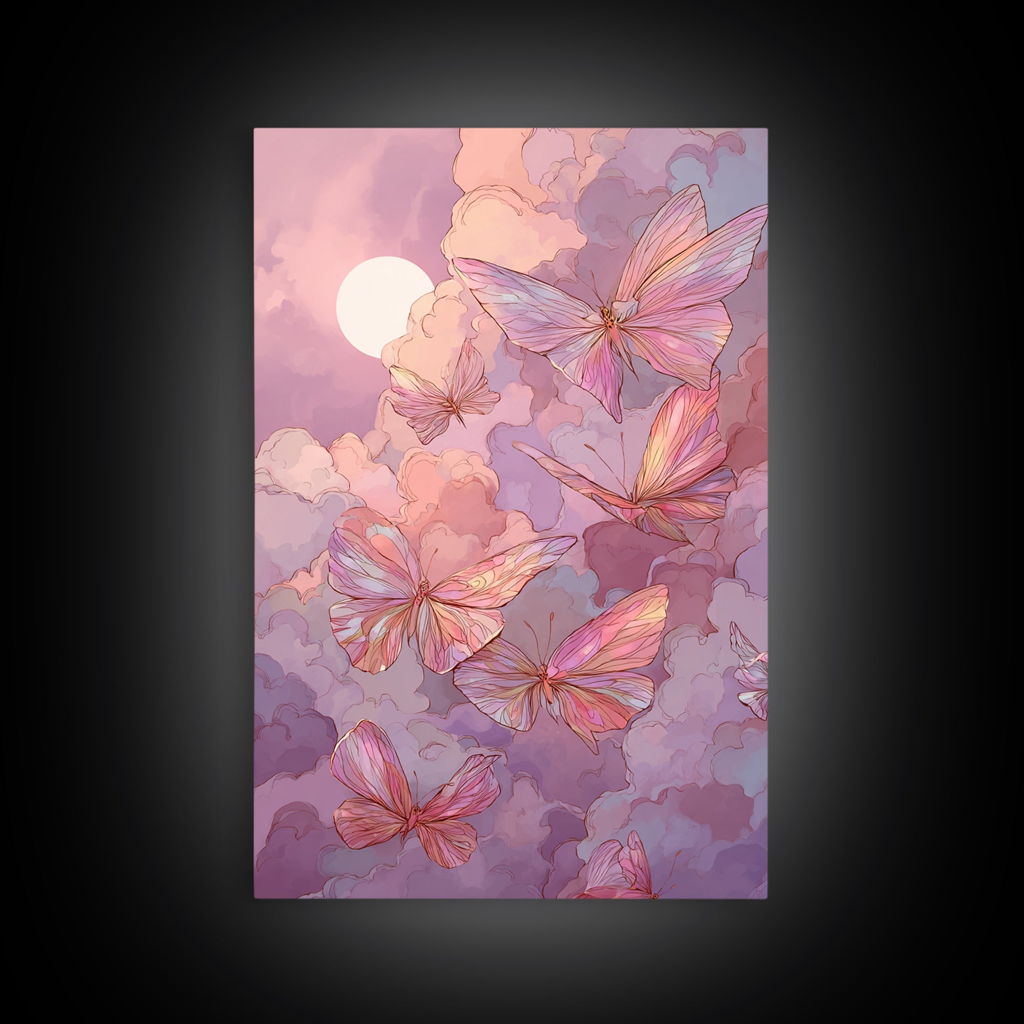 Pink Butterfly Moonlit Clouds Wall Art, Whimsical Nursery Decor, Celestial Art Print, Pastel Girls Room Decor, Gift For Her