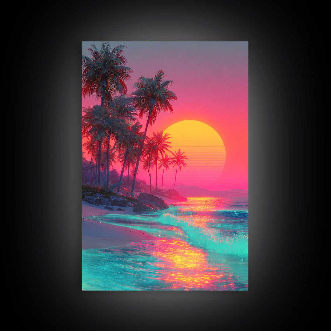 Tropical Beach With Palm Trees And Vibrant Sunset Reflections Large Framed Canvas Print Wall Art