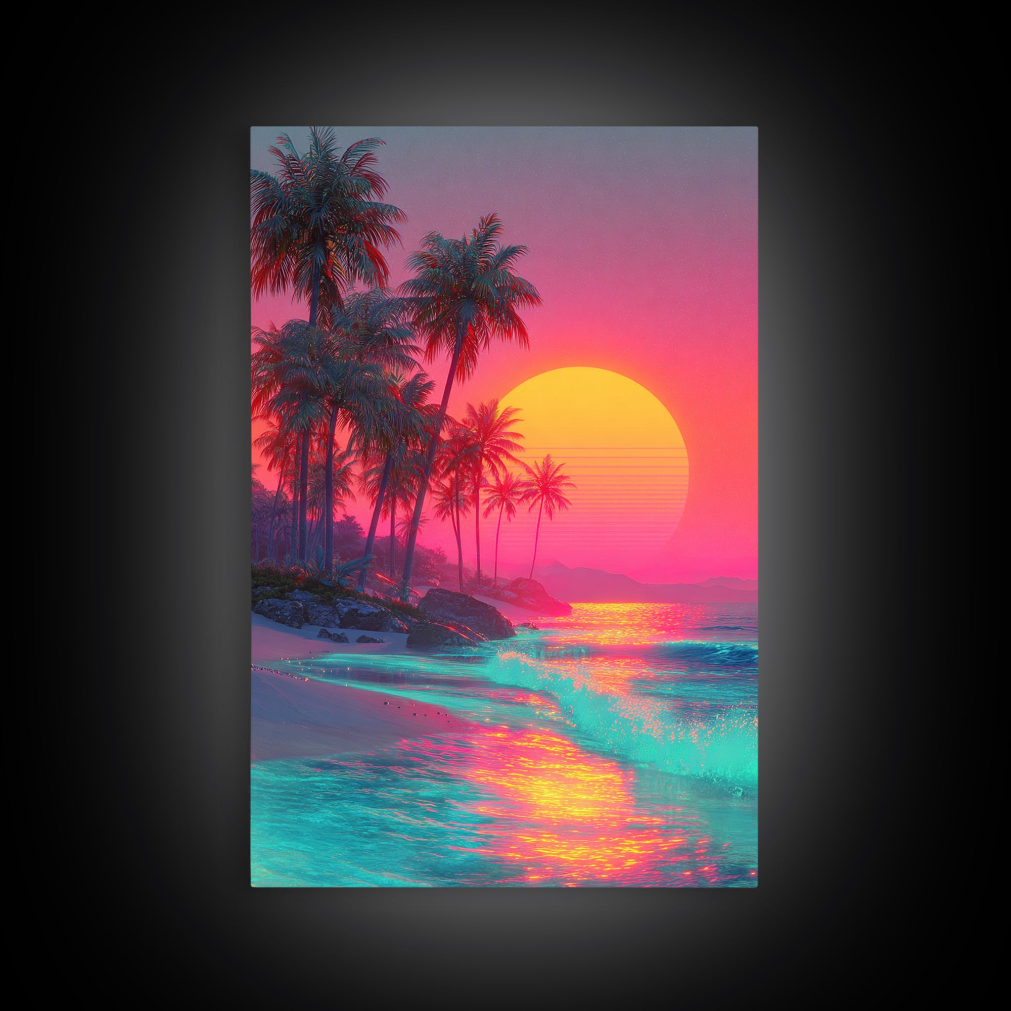 Tropical Beach With Palm Trees And Vibrant Sunset Reflections Large Framed Canvas Print Wall Art