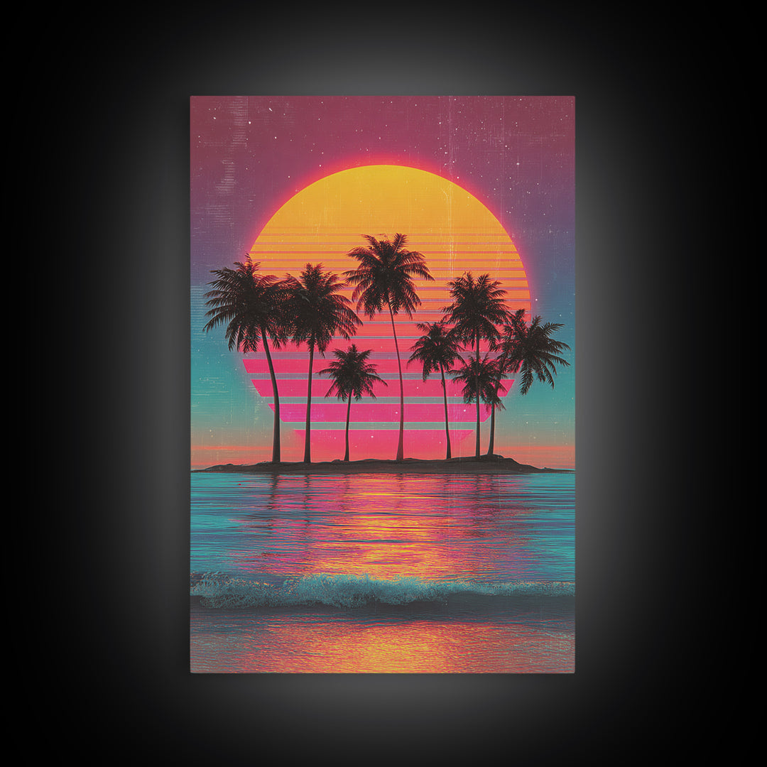 Retro Sunset With Palm Trees Against Gradient Sky Vibrant Framed Canvas Print For Tropical Wall Art And Home Decor
