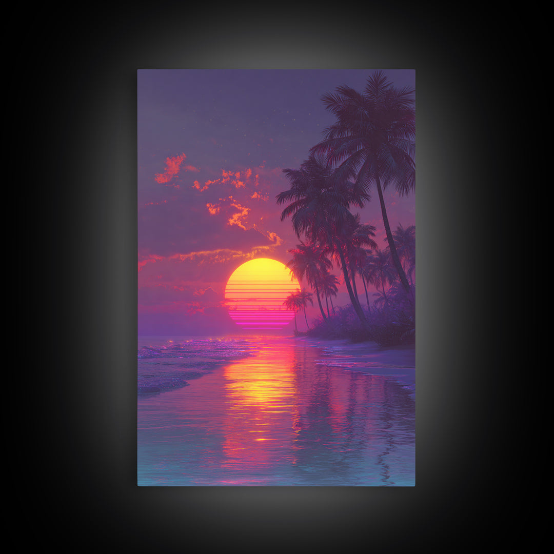 Neon Retro Sports Car At Night With Palm Trees Vibrant Cityscape Large Wall Art Framed Canvas Print Modern Decor