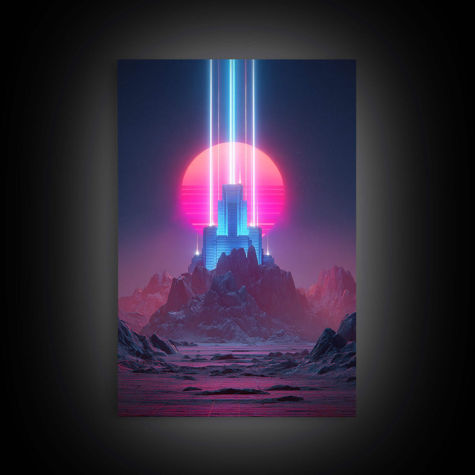 Retro Futuristic Neon Cityscape Digital Art Modern Wall Art Framed Canvas Print For Home Decor