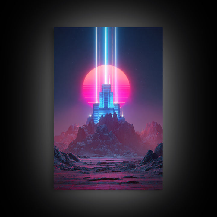 Retro Futuristic Neon Cityscape Digital Art Modern Wall Art Framed Canvas Print For Home Decor