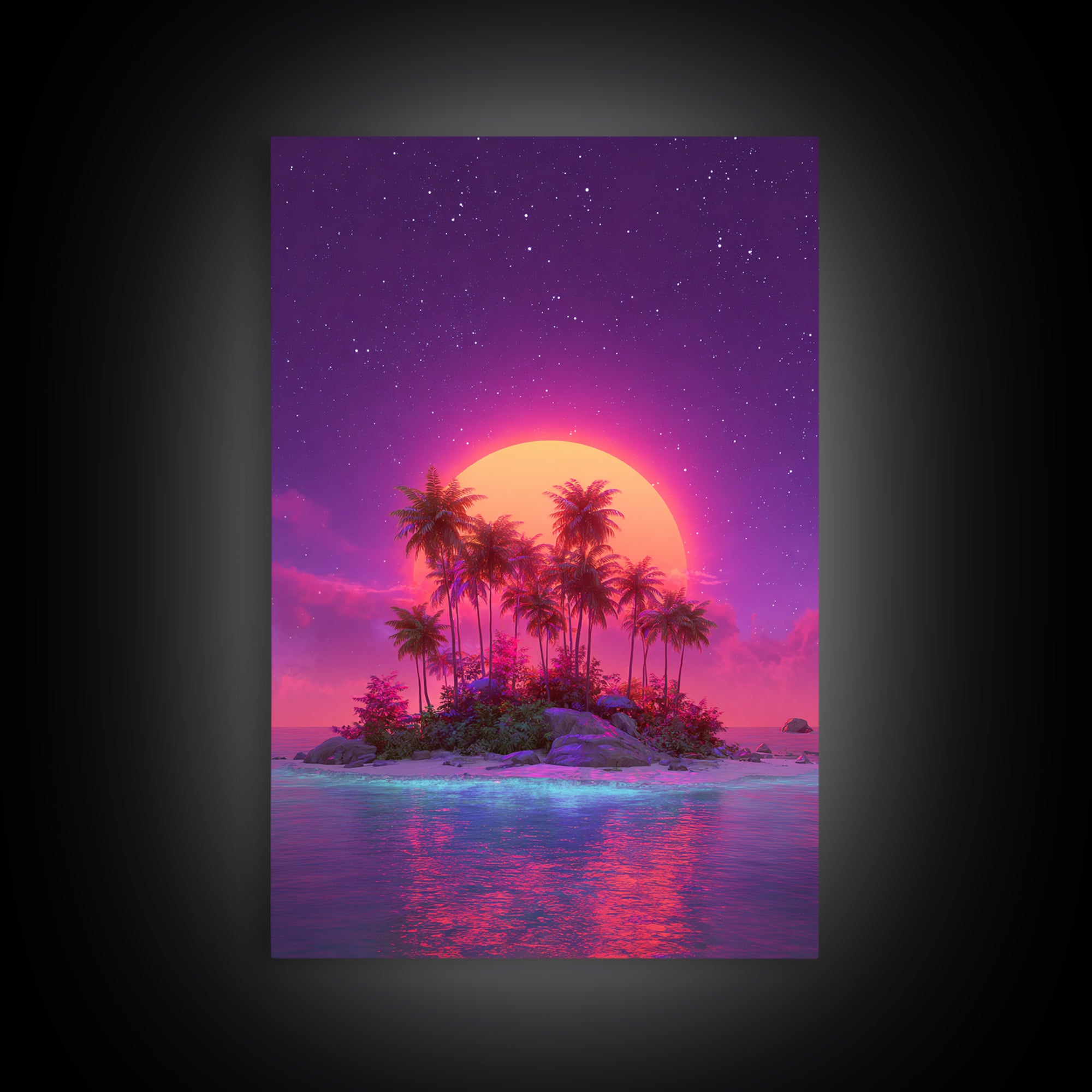 Neon Sunset Tropical Island With Palm Trees Canvas Print Vibrant Wall Art For Coastal Decor And Trendy Home Decor