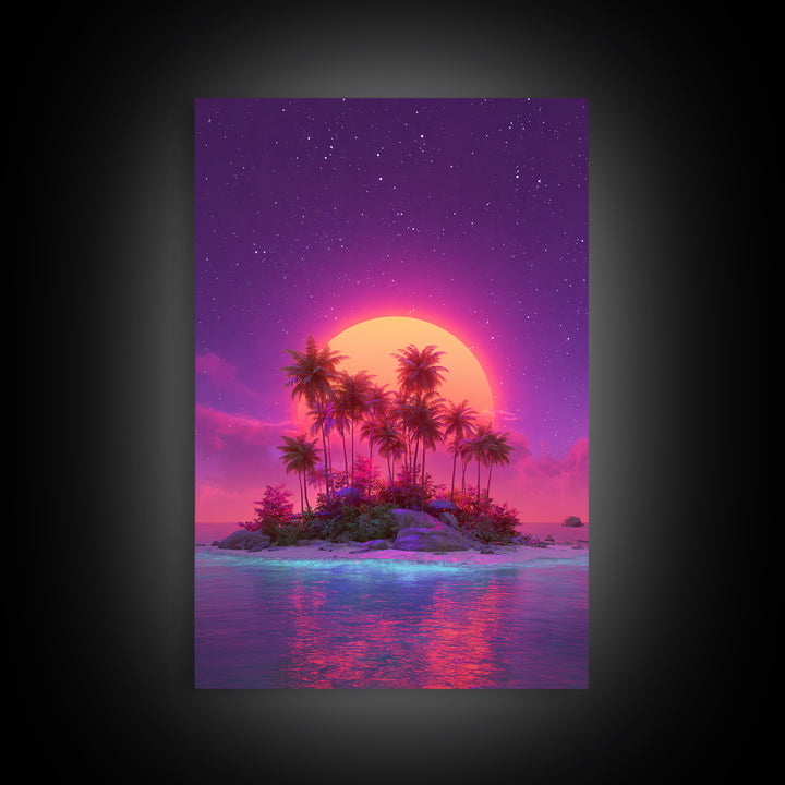 Neon Sunset Tropical Island With Palm Trees Canvas Print Vibrant Wall Art For Coastal Decor And Trendy Home Decor