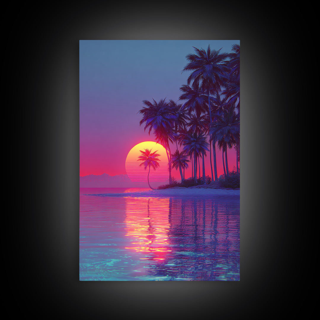 Vaporwave Tropical Sunset With Palm Trees Beach Reflection Canvas Print For Modern Home Decor Wall Art
