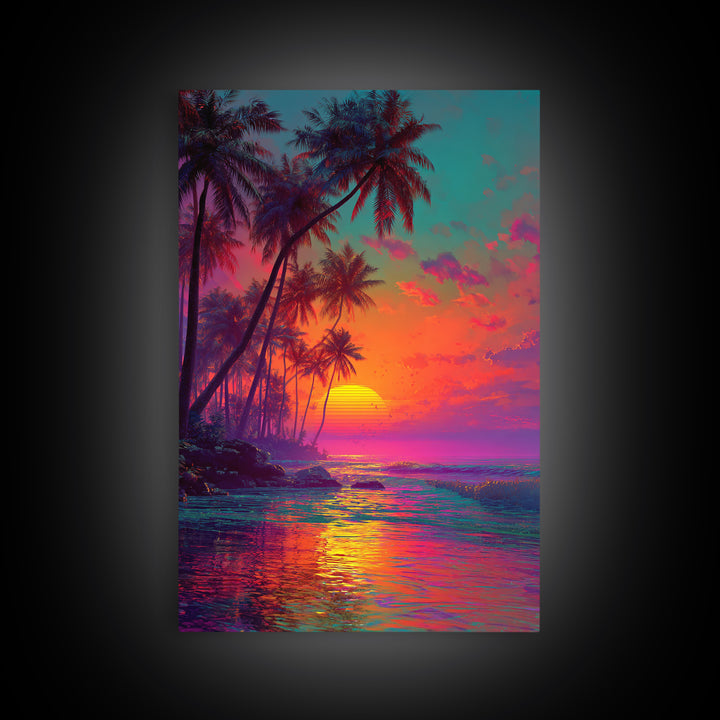 Vibrant Tropical Sunset With Palm Trees Over Ocean Framed Canvas Print Perfect For Coastal Home Decor