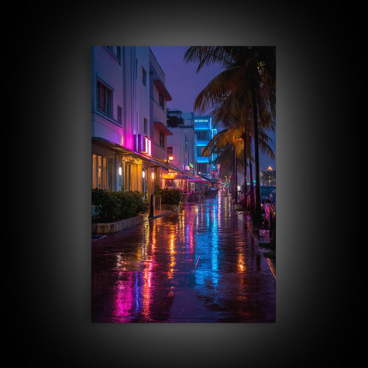 Vibrant Neon Miami Street Nightscape With Palm Trees Digital Wall Art Canvas Print For Chic Living Room Home Decor