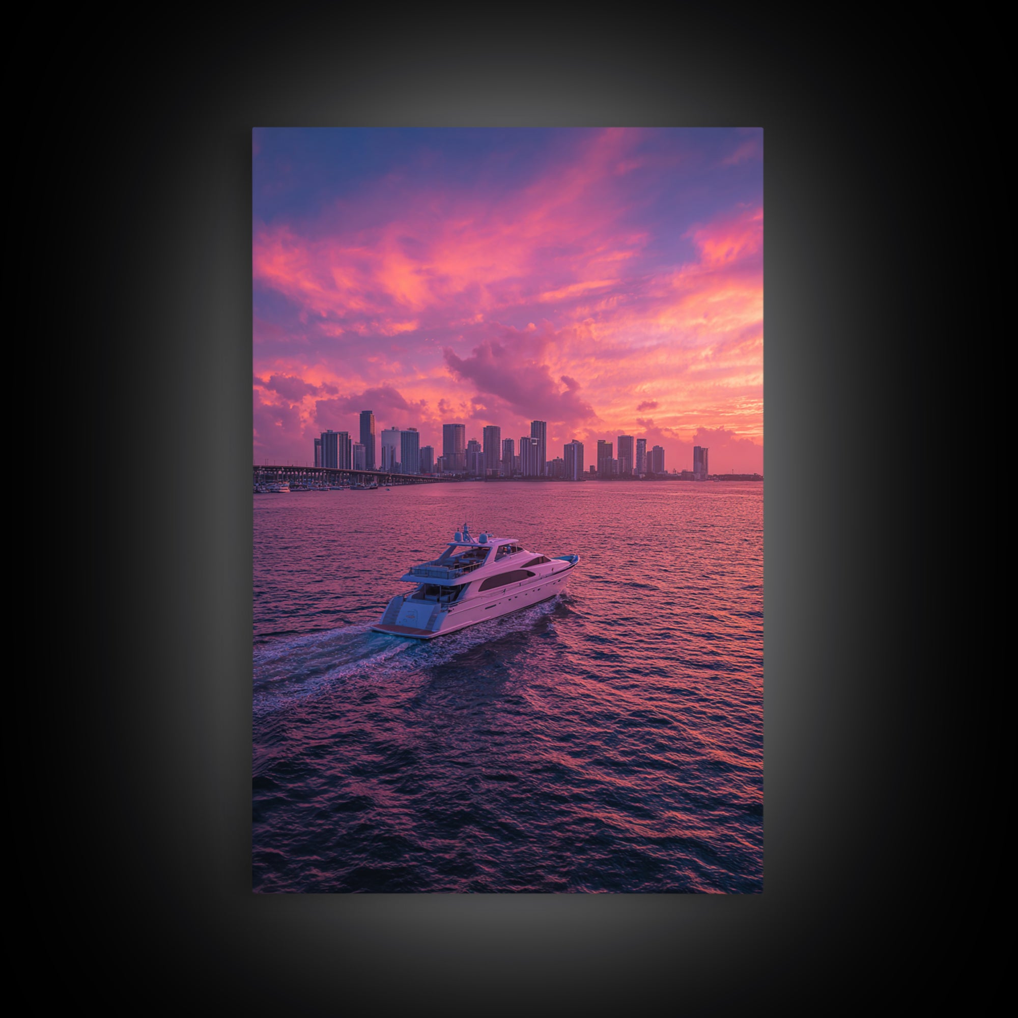 Luxury Yacht Sailing Into Stunning Miami Sunset Skyline Wall Art Framed Canvas Print For Living Room Decor