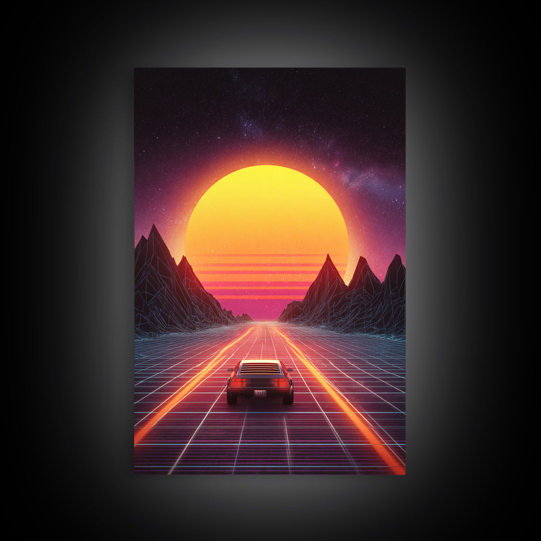 Vibrant Retro Futuristic Road Landscape Canvas Print With Neon Sunset And Car Driving Through Digital Mountains