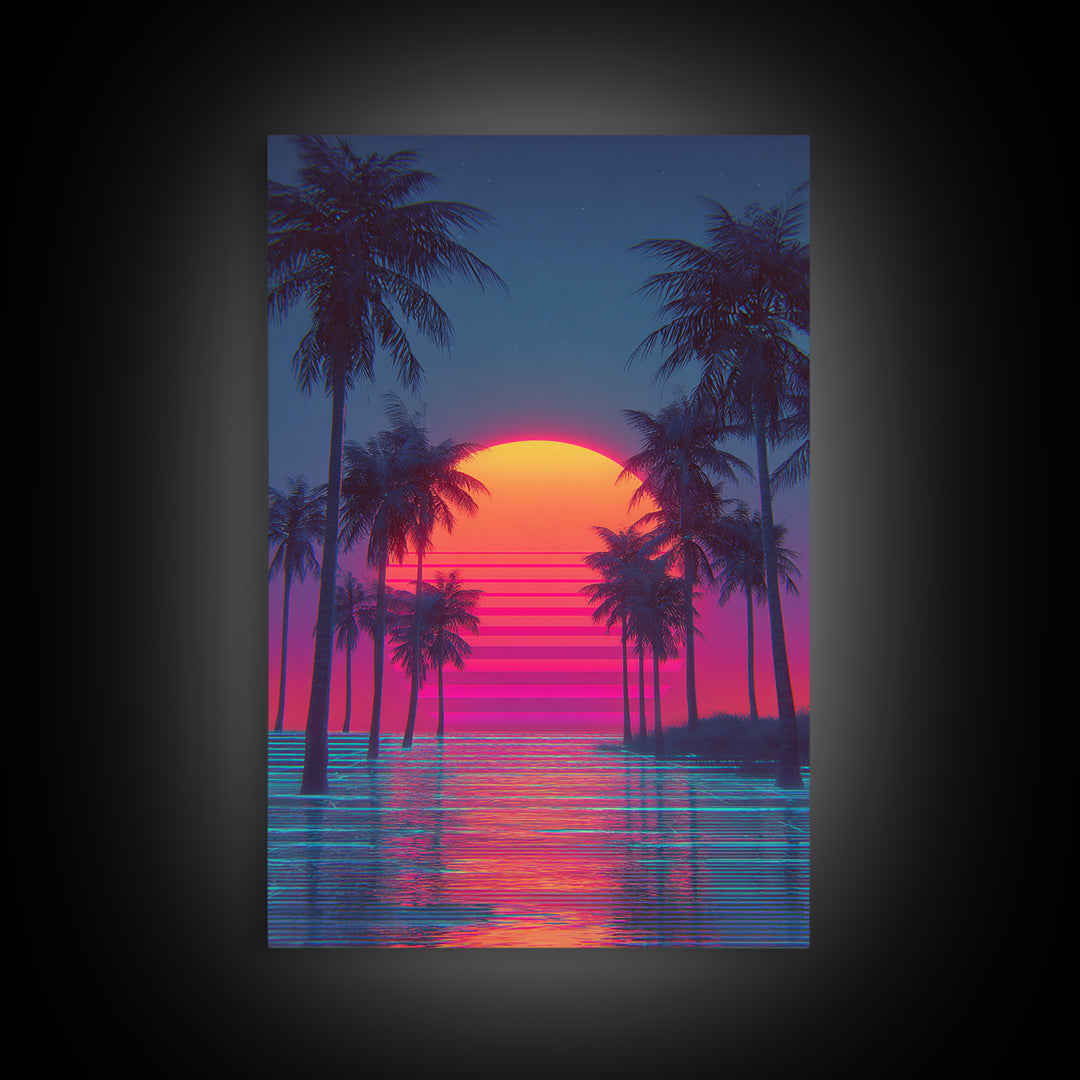 Sunset Over Tropical Beach With Palm Trees Vibrant Coastal Wall Art Canvas Print