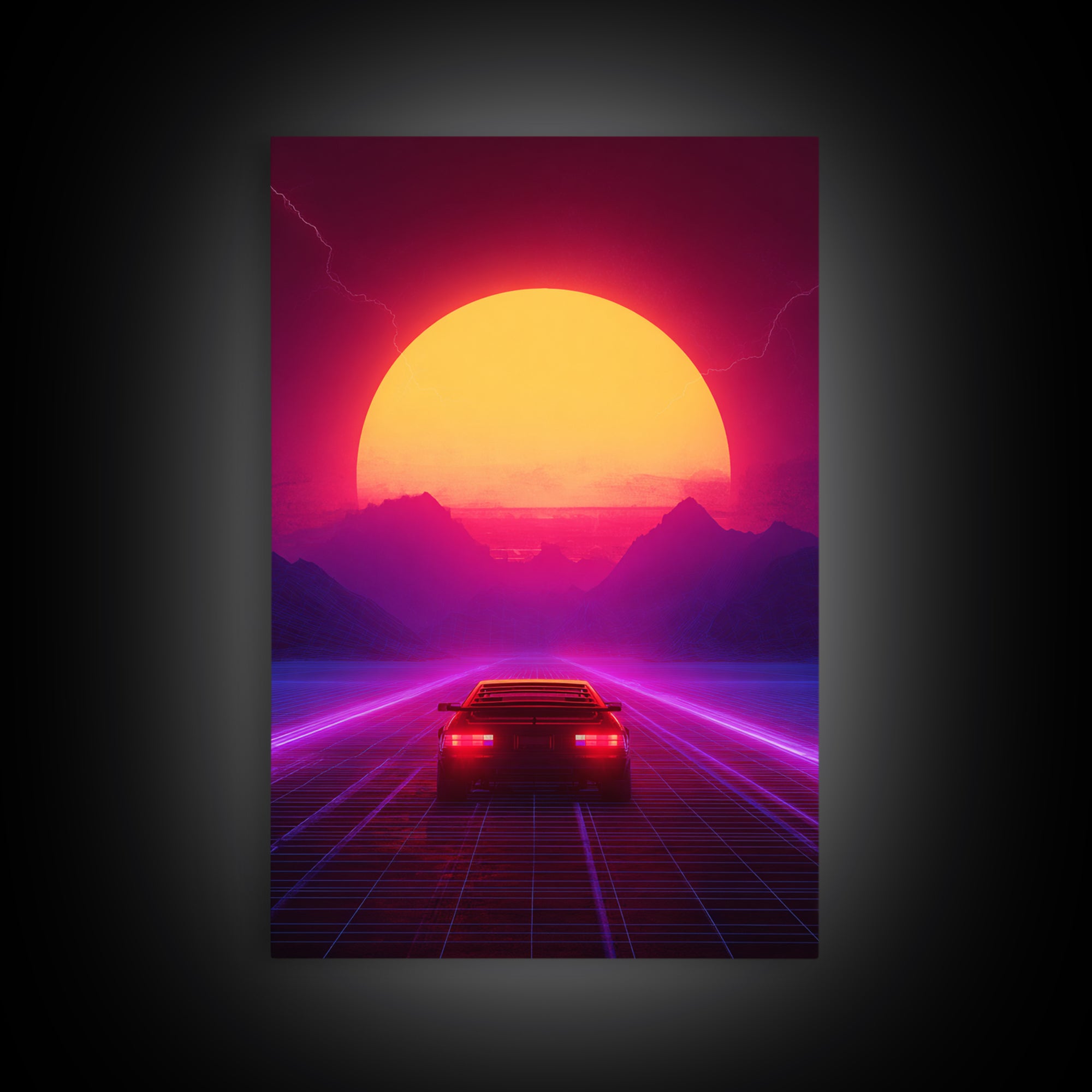 Synthwave Retro Neon Landscape With Sports Car And Palm Trees Under Glowing Sunset Canvas Print For Vaporwave Wall Art And Modern Decor