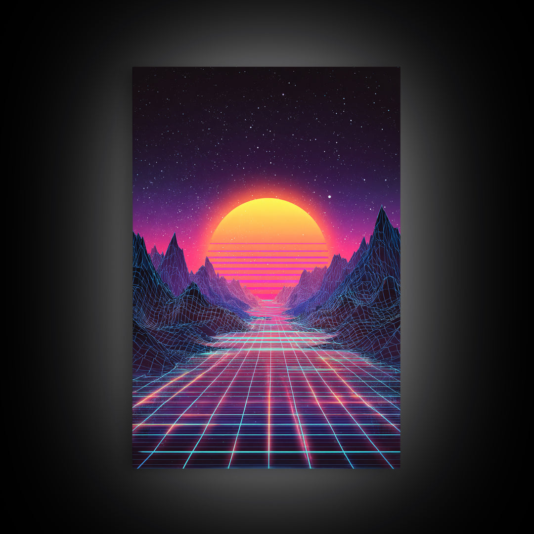 Retro Neon Landscape With Glowing Sun And Grid River Abstract Digital Wall Art Canvas Print For Modern Room