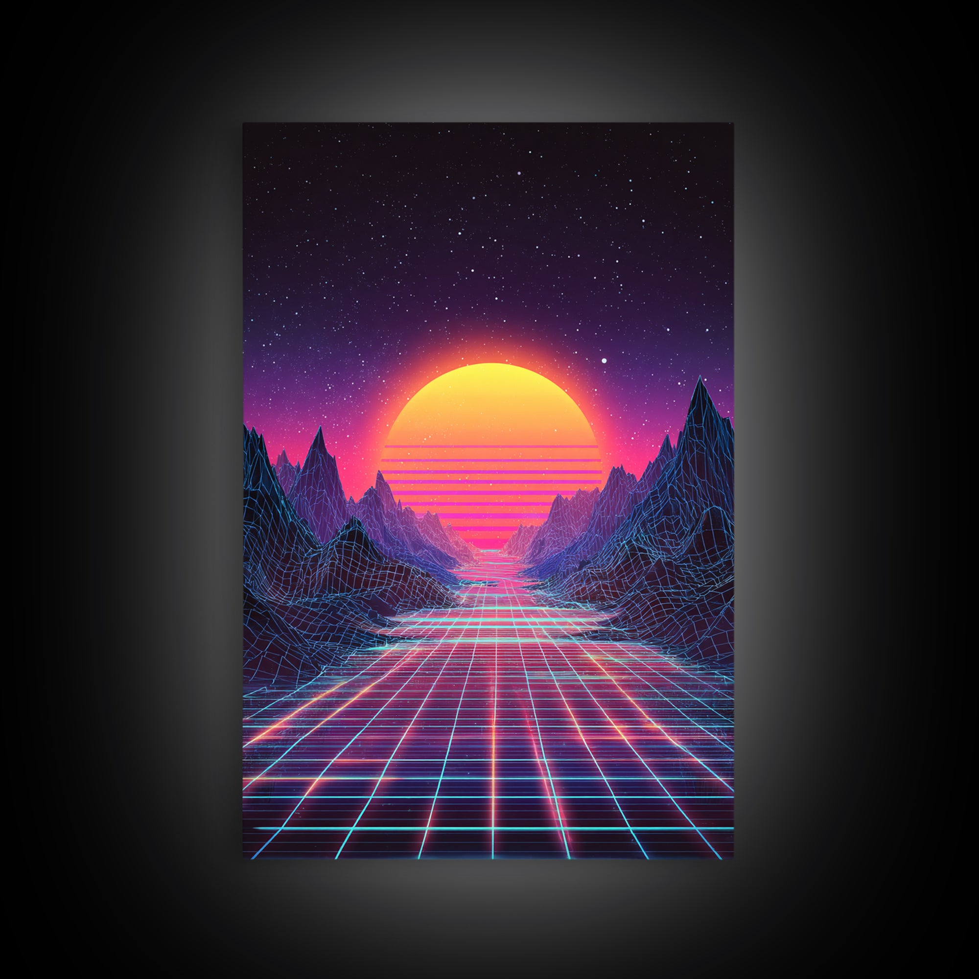 Retro Neon Landscape With Glowing Sun And Grid River Abstract Digital Wall Art Canvas Print For Modern Room