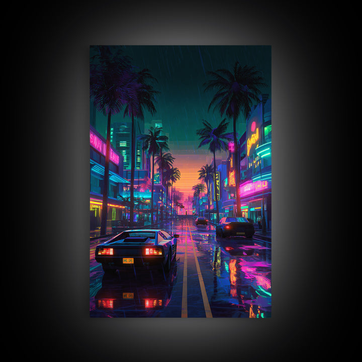 Neon City Rainy Night Street Retro Futuristic Art Print With Car Reflections And Palm Trees Canvas Print For Modern Wall Decor