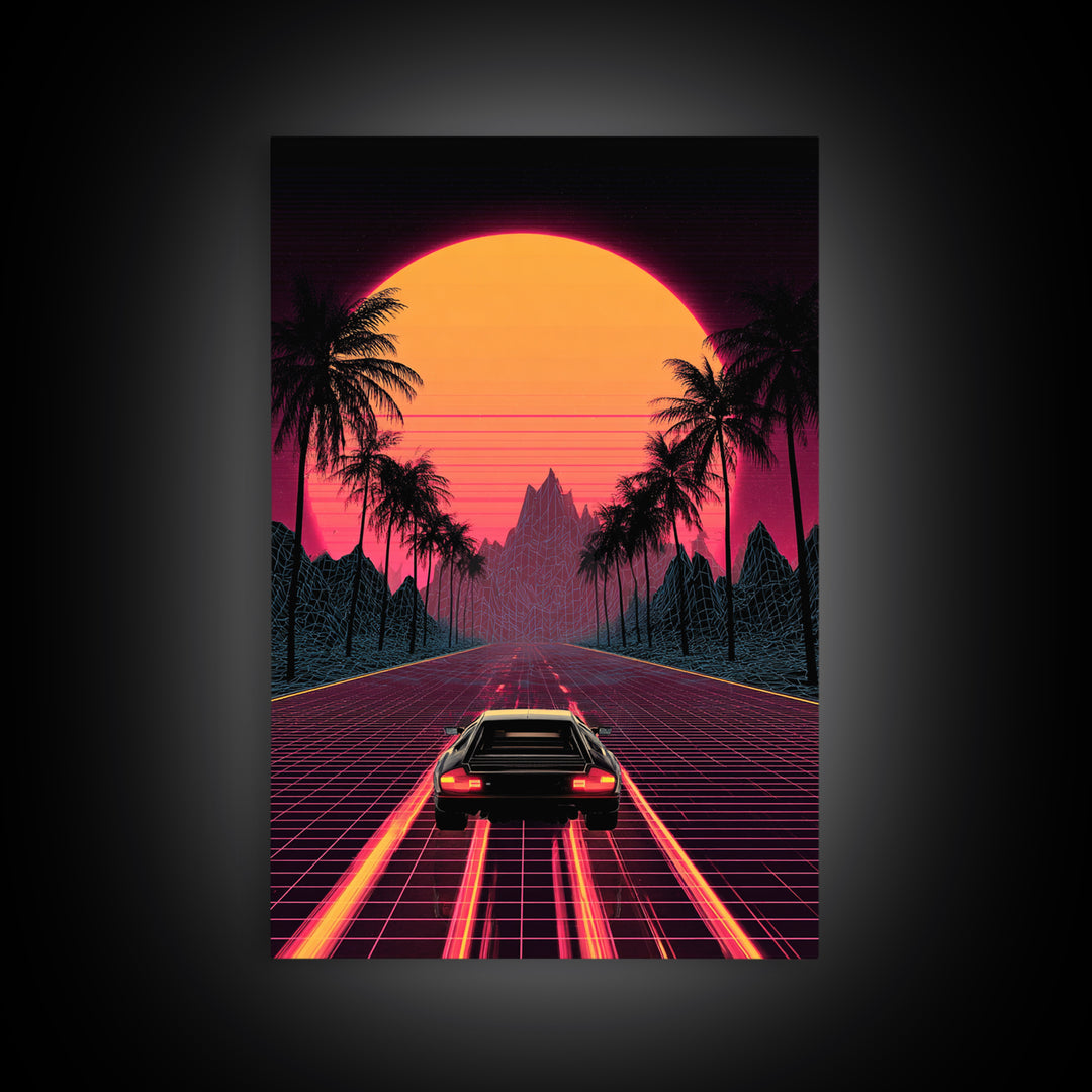 Retro Futuristic Neon Sunset Road With Laser Grid And Sports Car Canvas Print For Modern Wall Art Cyberpunk Decor And Gaming Room Decor