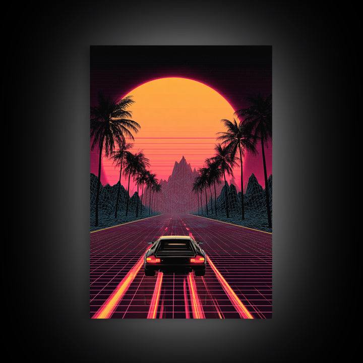 Retro Futuristic Neon Sunset Road With Laser Grid And Sports Car Canvas Print For Modern Wall Art Cyberpunk Decor And Gaming Room Decor