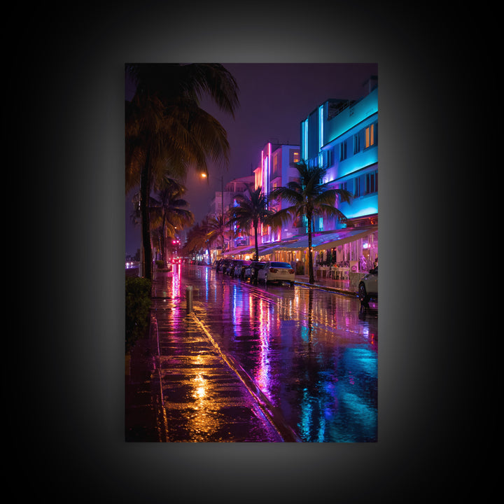 Neon City Street Rain Reflection Wall Art Vibrant Urban Nightscape Canvas Print For Modern Home Decor