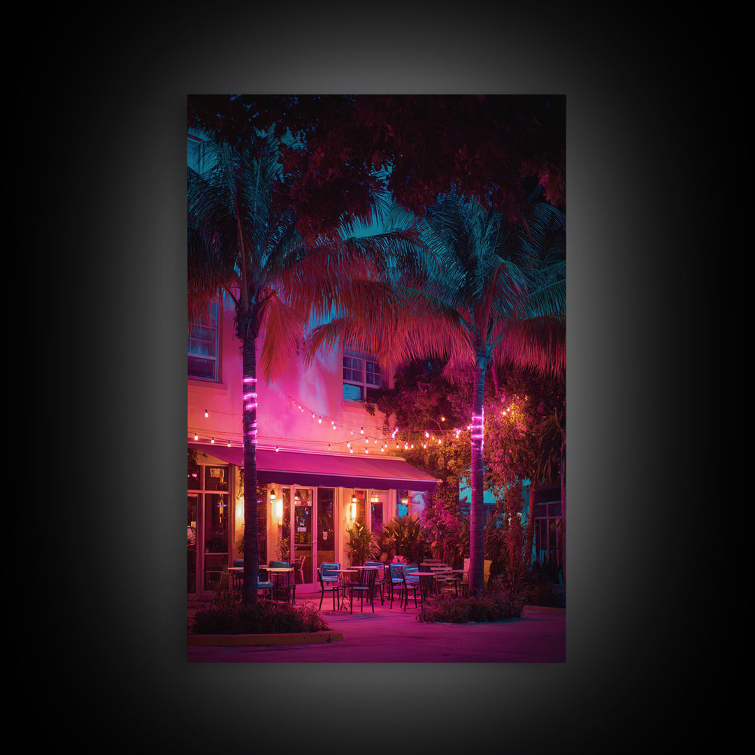 Vibrant Nighttime Tropical Outdoor Cafe Scene In Pink And Blue Modern Wall Art Canvas Print