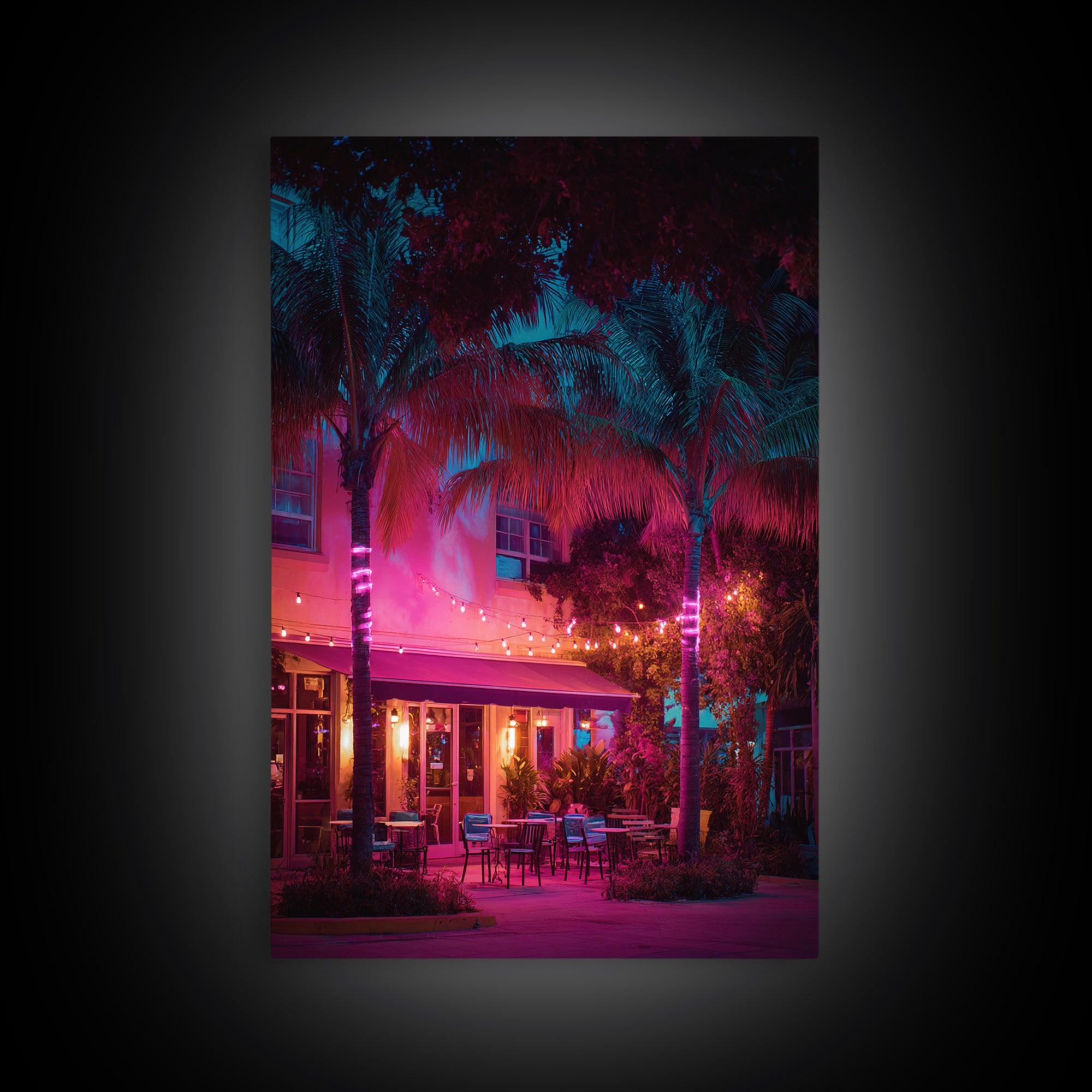 Vibrant Nighttime Tropical Outdoor Cafe Scene In Pink And Blue Modern Wall Art Canvas Print