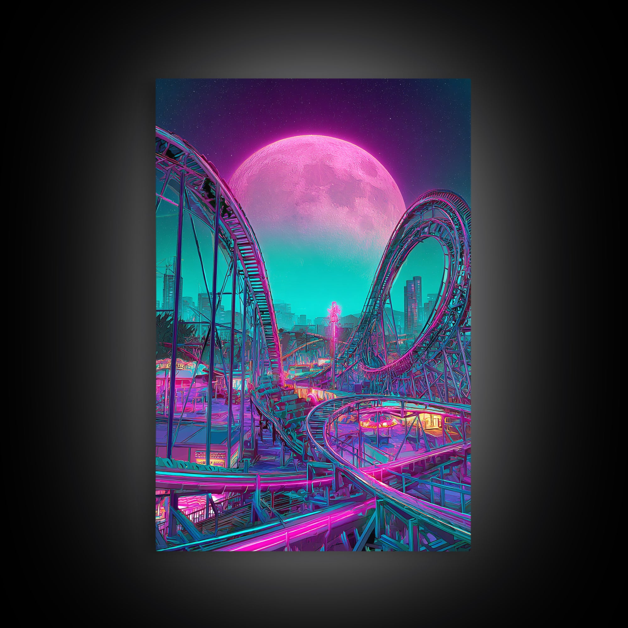 Vibrant Retro Futuristic Roller Coaster Scene With Neon Pink Moon Wall Art Canvas Print For Gamers Room Decor