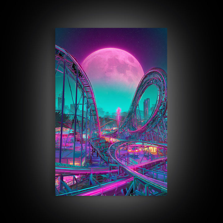 Vibrant Retro Futuristic Roller Coaster Scene With Neon Pink Moon Wall Art Canvas Print For Gamers Room Decor