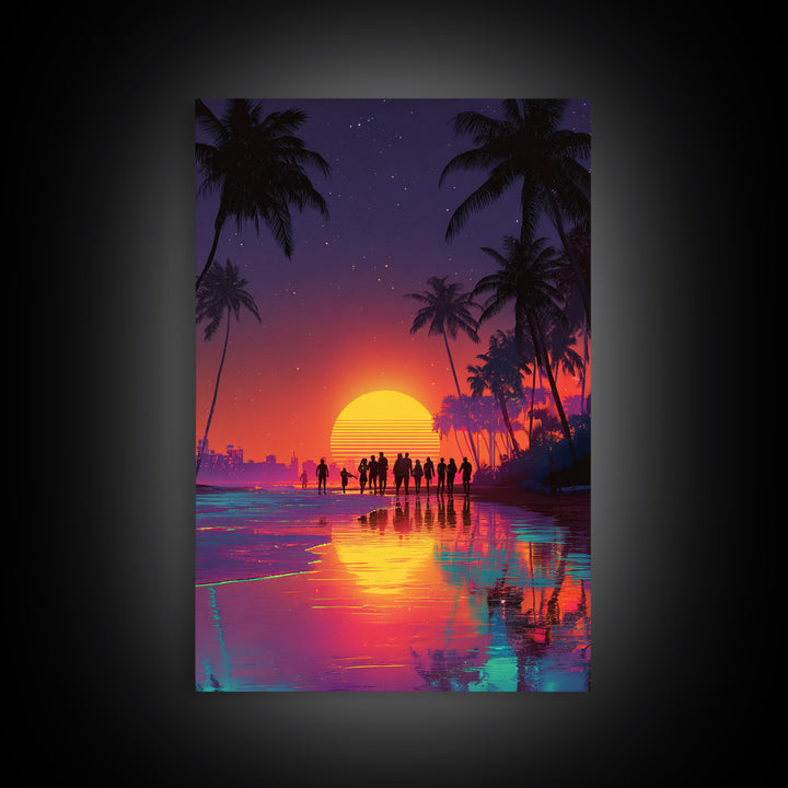Modern Vibrant Sunset Beach Scene With People Silhouettes Wall Art Framed Canvas Print For Coastal Home Decor