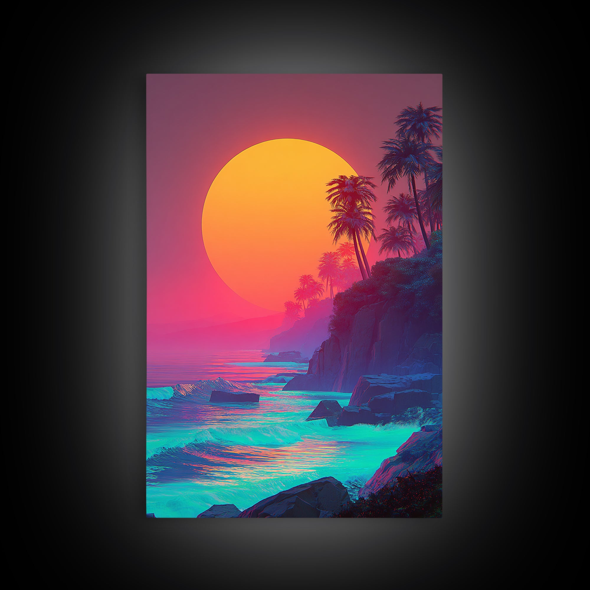 Vibrant Tropical Sunset With Palm Trees Ocean Coastline Digital Painting Canvas Print Modern Wall Art For Home Decor