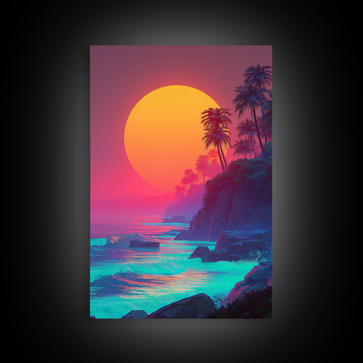 Vibrant Tropical Sunset With Palm Trees Ocean Coastline Digital Painting Canvas Print Modern Wall Art For Home Decor