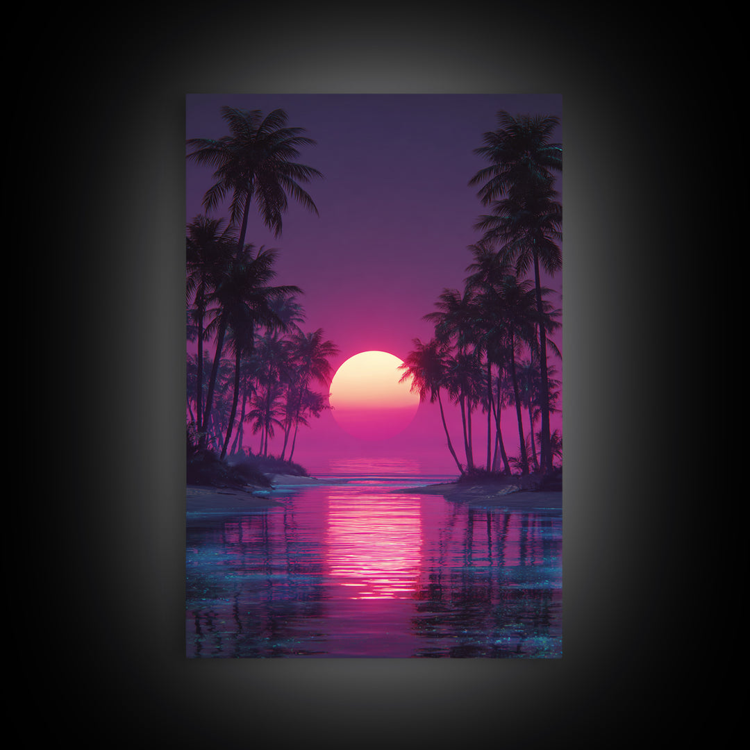 Gentle Pink Purple Tropical Sunset Over Calm Ocean With Palm Trees Wall Art For Relaxing Bedroom Decor