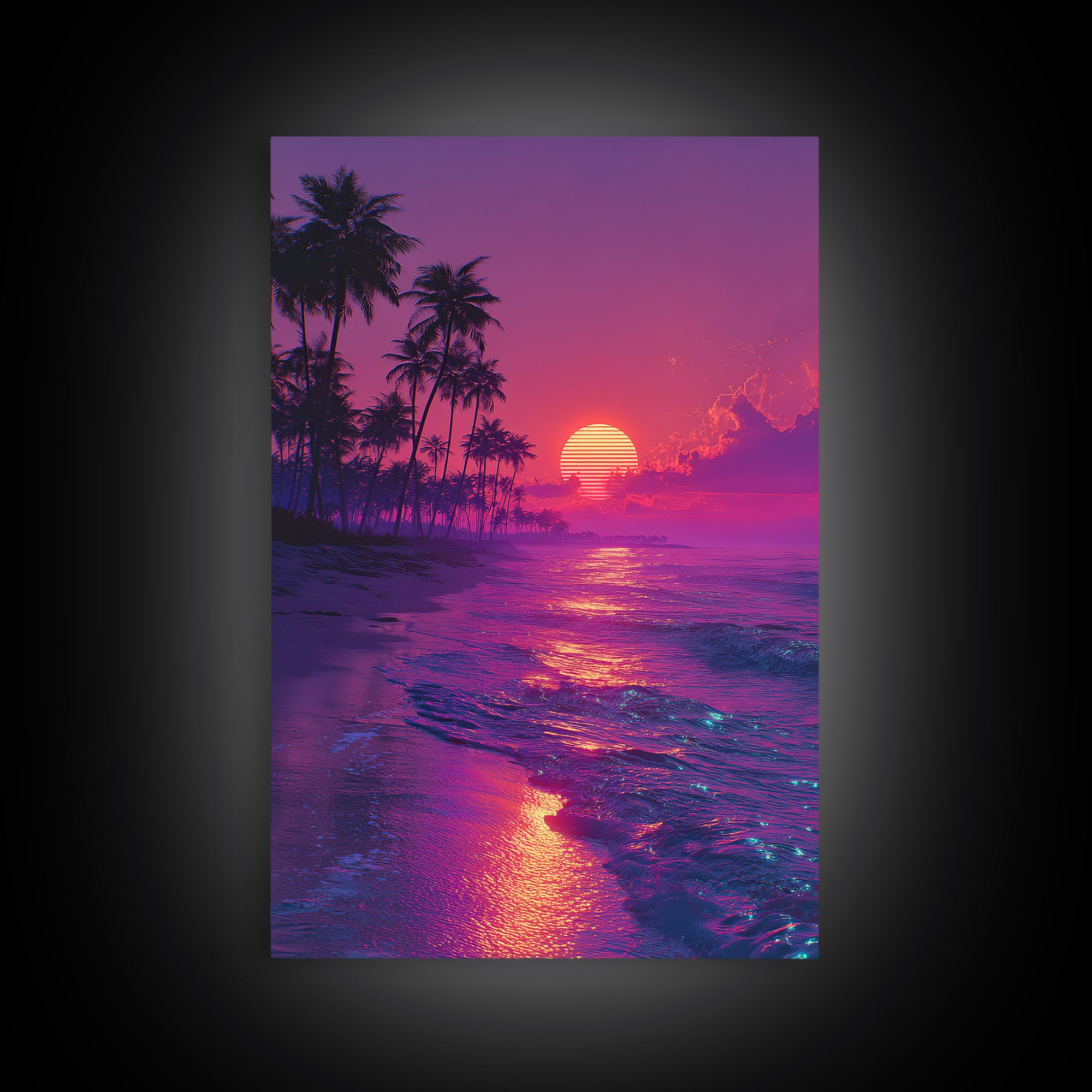 Vibrant Retro Sunset Beach Scene With Palm Trees Silhouettes Wall Art Canvas Print For Home Decor And Living Room