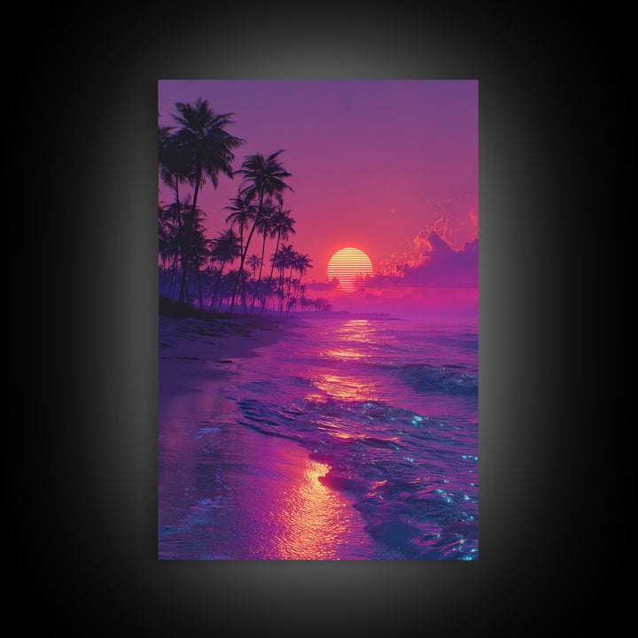 Vibrant Retro Sunset Beach Scene With Palm Trees Silhouettes Wall Art Canvas Print For Home Decor And Living Room