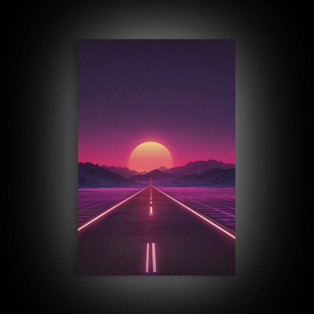 Offbeat Neon Retro Futuristic Road Sunset Digital Art Wall Art Canvas Print Trendy Modern Decor For Bedroom And Office