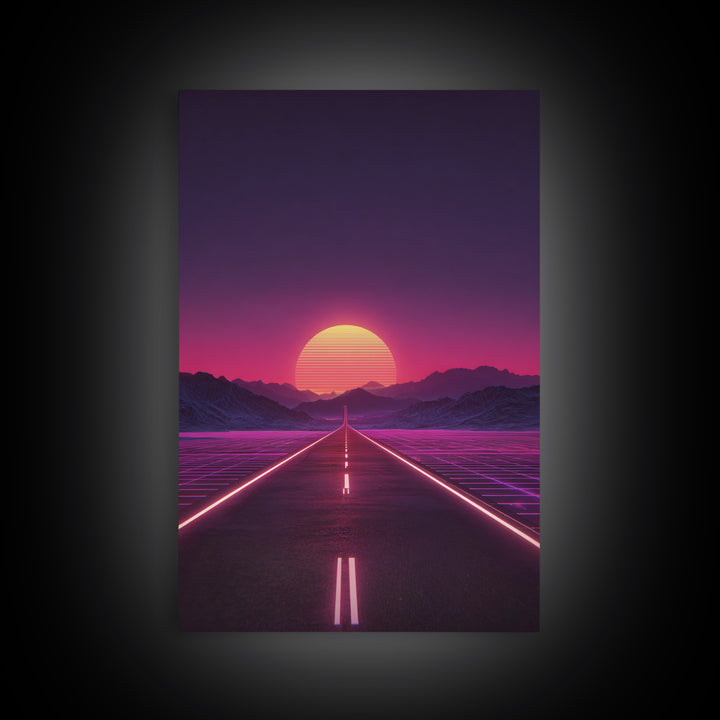 Offbeat Neon Retro Futuristic Road Sunset Digital Art Wall Art Canvas Print Trendy Modern Decor For Bedroom And Office