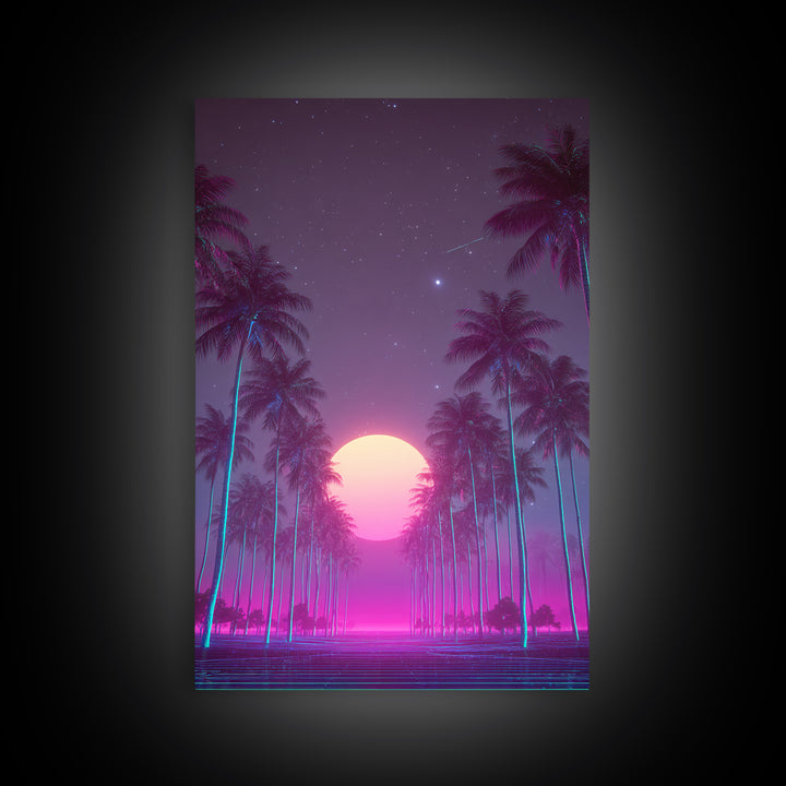 Retro Futuristic Neon Highway Leading To Large Vibrant Sun Over Palm Trees Digital Canvas Print Wall Art