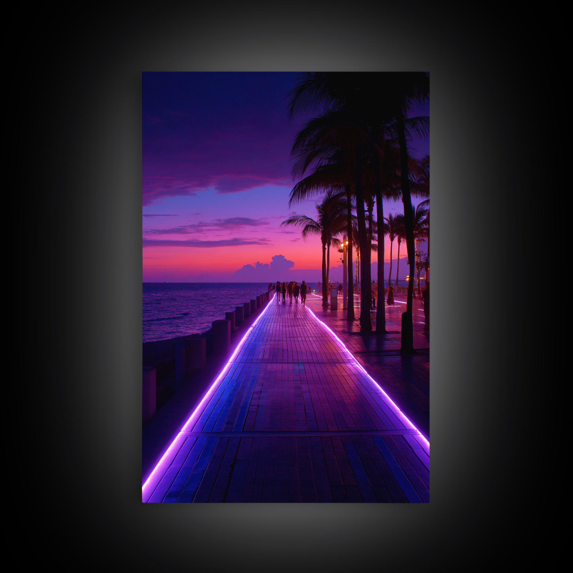 Neon Purple Boardwalk With Palm Trees At Twilight Coastal Photography - Canvas Print Modern Wall Art For Home Decor