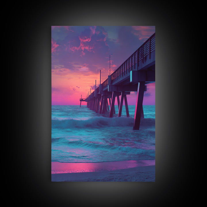 Mystical Purple And Blue Ocean Pier Sunset Wall Art Print For Beach House And Coastal Decor Canvas Print
