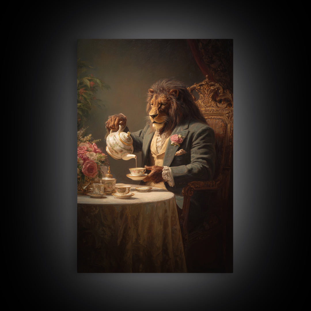 Regal Lion Pouring Tea In Victorian Parlor Canvas Print, Whimsical Animal Wall Art, Dark Academia Dining Room Decor Gift