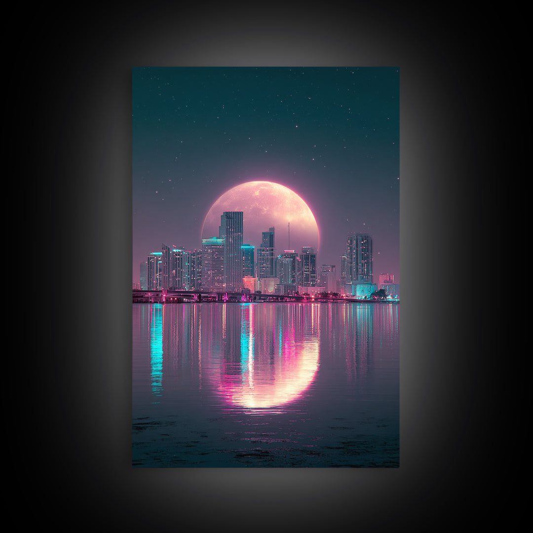 Giant Pink Moon Over Tropical Cityscape Sunset Urban Modern Wall Art Canvas Print