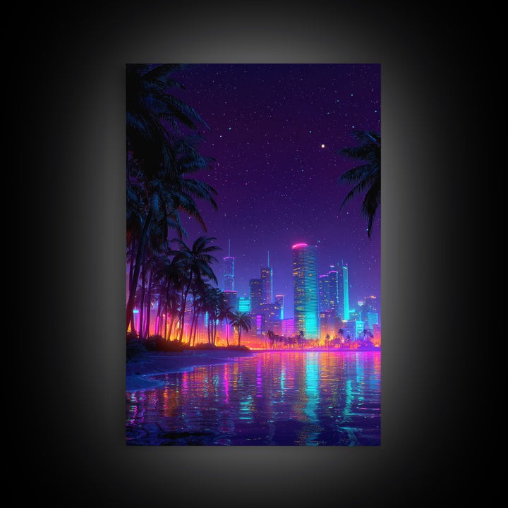 Neon Cityscape At Night With Reflections And Palm Trees Wall Art Framed Canvas Print For Modern Living Room Decor