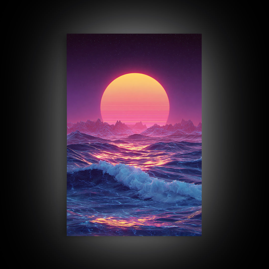 Retro Futuristic Neon Pink And Purple Surreal Landscape Digital Wall Art Framed Canvas Print