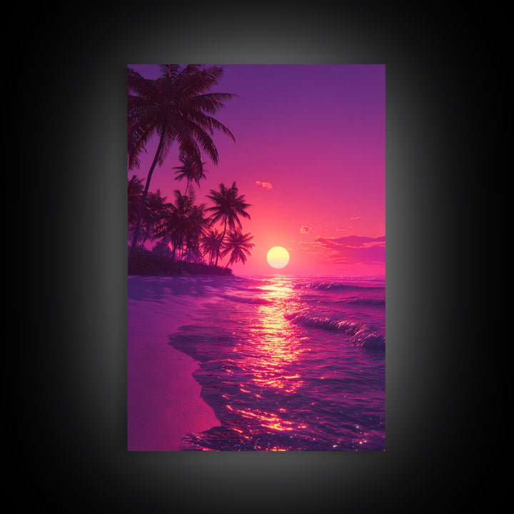 Tropical Sunset Beach Landscape Canvas Print With Pink Palm Trees And Ocean Waves Coastal Wall Art Home Decor For Living Room