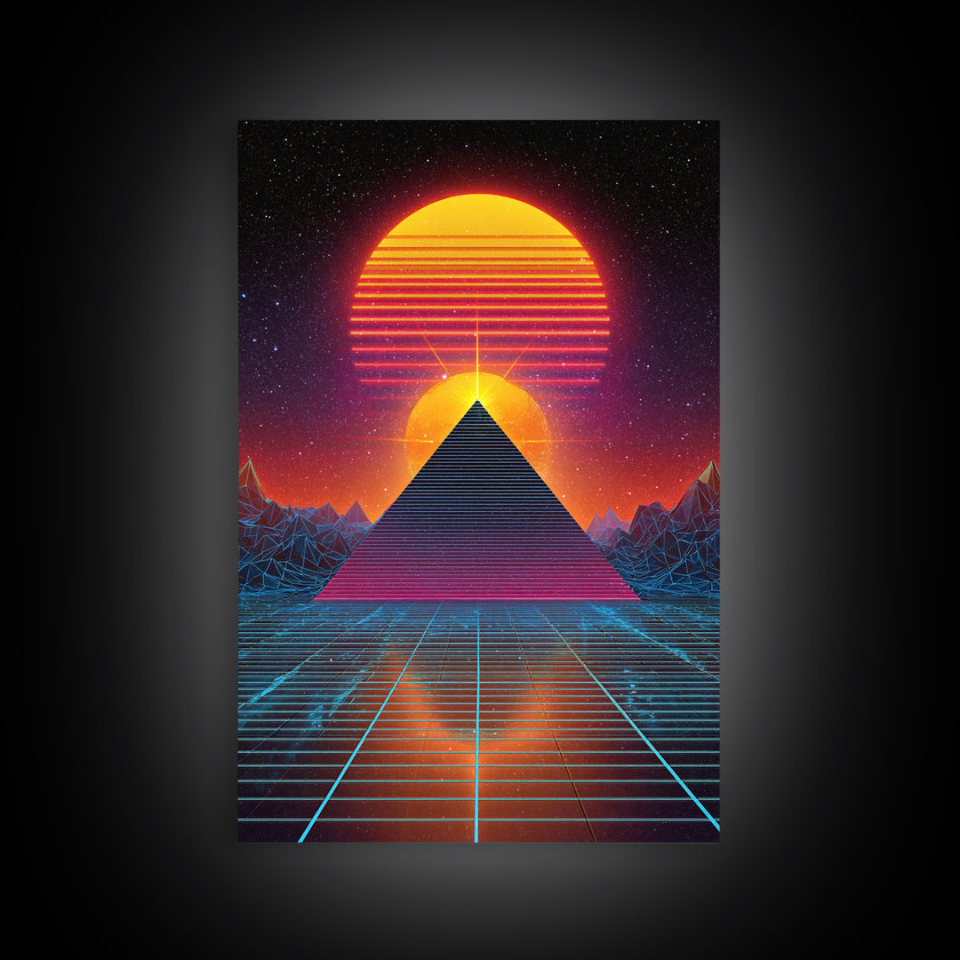 Futuristic Digital Pyramid And Sunset Landscape Sci-Fi Art Print Canvas For Unique Wall Art And Home Decor