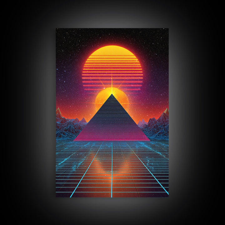 Futuristic Digital Pyramid And Sunset Landscape Sci-Fi Art Print Canvas For Unique Wall Art And Home Decor